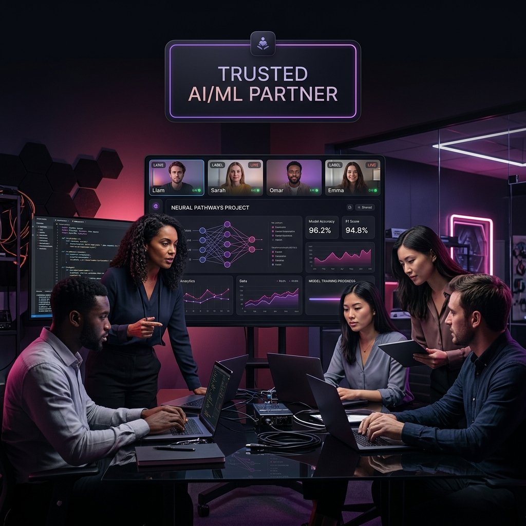 Dark mode team collaboration and AI model engineering workflow picture